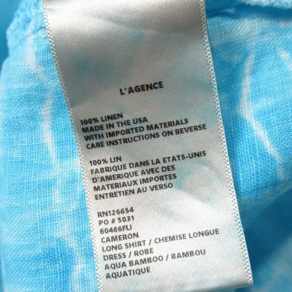 L'Agence Cameron in Aqua Bamboo Tie Dye Linen Belted Maxi Shirt Dress M